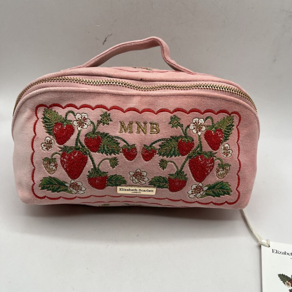 ELIZABETH SCARLETT LONDON PRESSED FLOWERS MAKEUP BAG EMBROIDERED Pink VELVET NWT